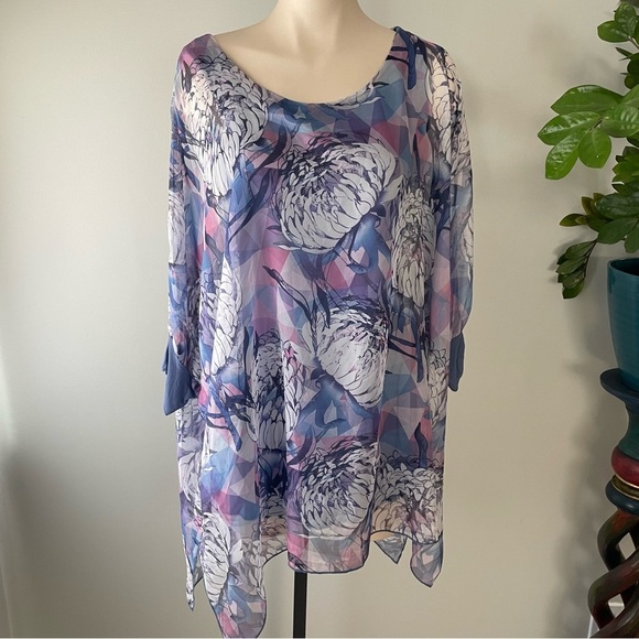 Creation Silk Batwing Blouse Tunic Top Long Longline Floral Purple Size Small - Picture 1 of 9